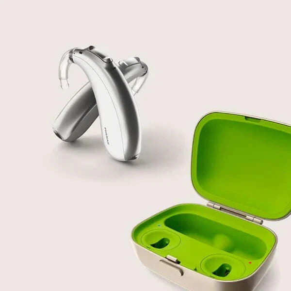 Phonak Naida L50 PR Hearing Aids (Pair L & R) with Charger – Rechargeable, Bluetooth, Digital Noise Reduction – Silver