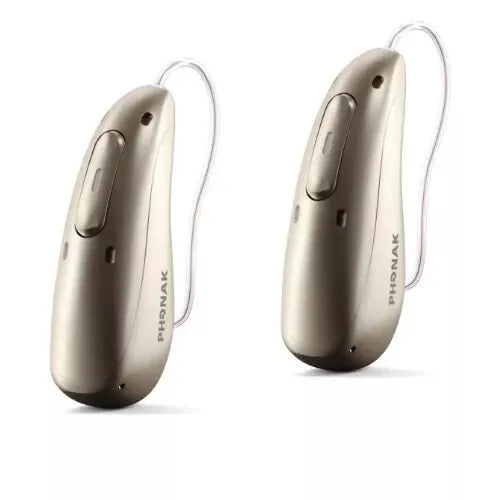 Phonak Audeo Sphere Infinio I90 Hearing Aids (Pair L & R) with Charger – Rechargeable, Bluetooth, Tap Control – Champagne